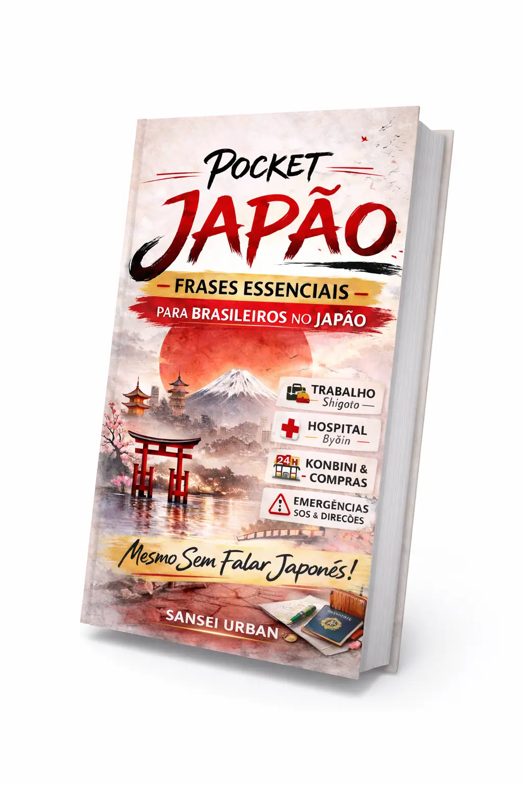 Capa 3D do e-book Pocket Japão: Frases Essenciais para Brasileiros no Japão, criado por Emerson da Sansei Urban. O guia promete comunicação rápida mesmo sem falar japonês.